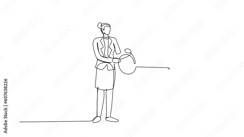 Poster animated self drawing of continuous line draw businesswoman put key into folder. digital folder lock