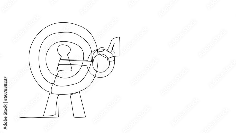 Poster self drawing animation of single one line draw businesswoman put key into bullseye target. accuracy 