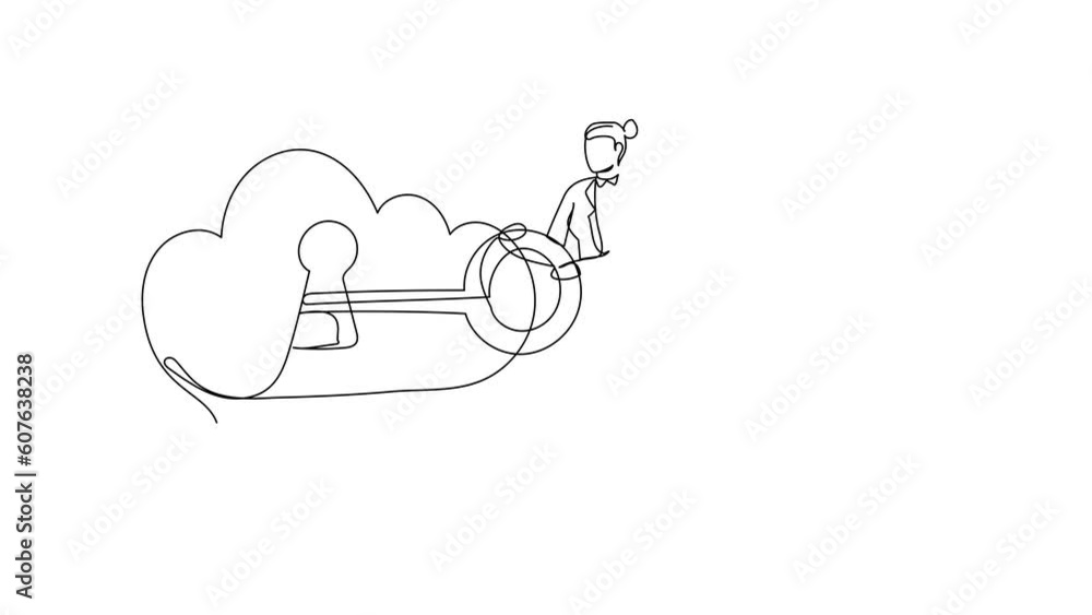 Poster animated self drawing of continuous line draw businesswoman put key into cloud. digital cloud storag