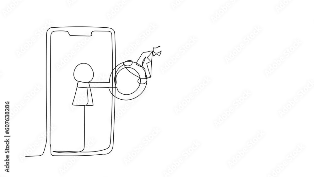 Poster self drawing animation of single line draw businesswoman put key into smartphone. screen guard. data