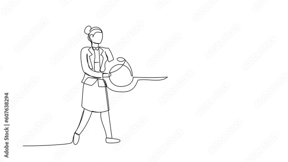 Poster animated self drawing of continuous line draw businesswoman put key into light bulb. brainstorming l
