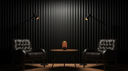 Two chairs and spotlights in podcast or interview room on dark background. Generative ai