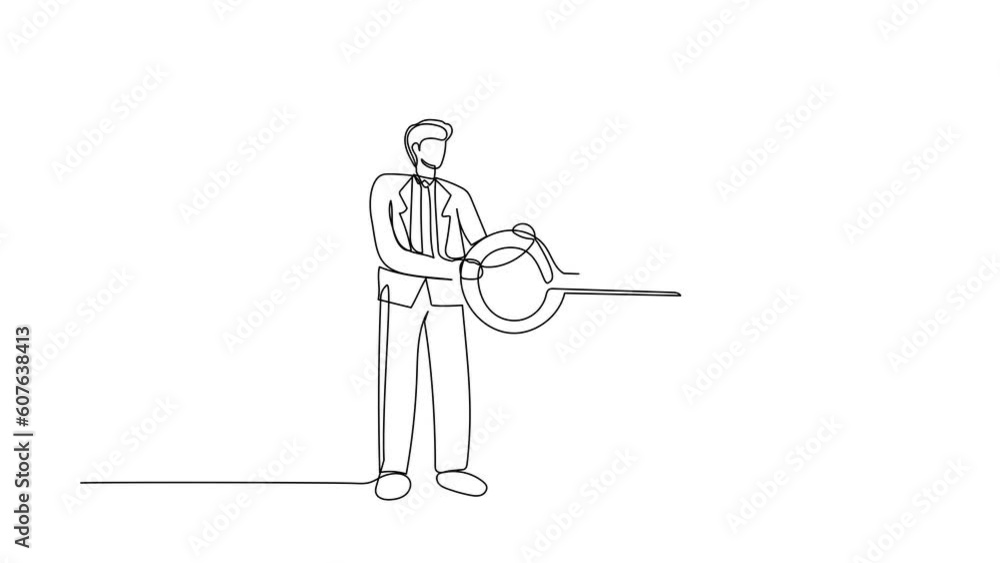 Poster animated self drawing of continuous line draw businessman putting big key into piggy bank. security 