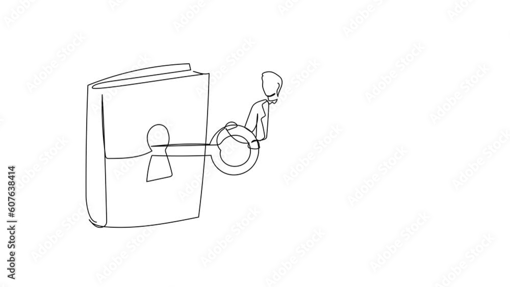 Poster animated self drawing of continuous line draw smart businessman putting big key into book. office ma