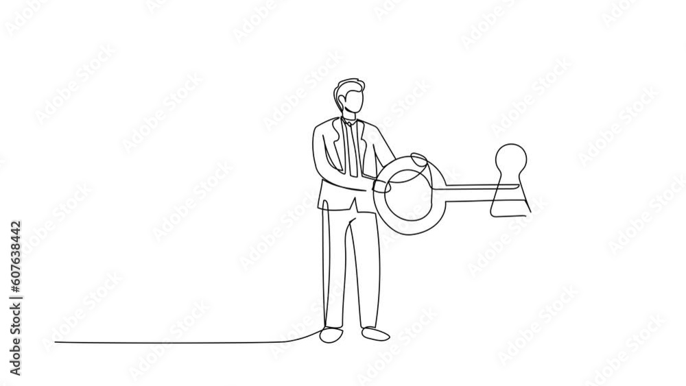 Poster animated self drawing of continuous line draw businessman putting big key into bullseye target. unlo