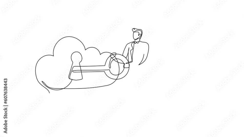 Poster animated self drawing of continuous line draw businessman close on key in huge cloud. cloud password