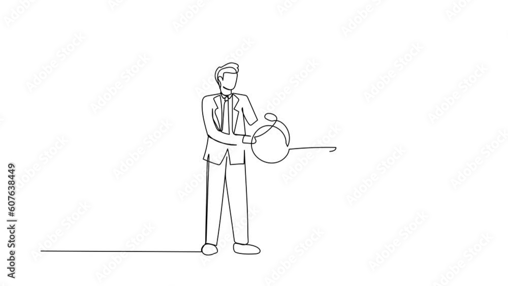 Poster animated self drawing of single continuous line draw businessman putting big key into puzzle piece. 