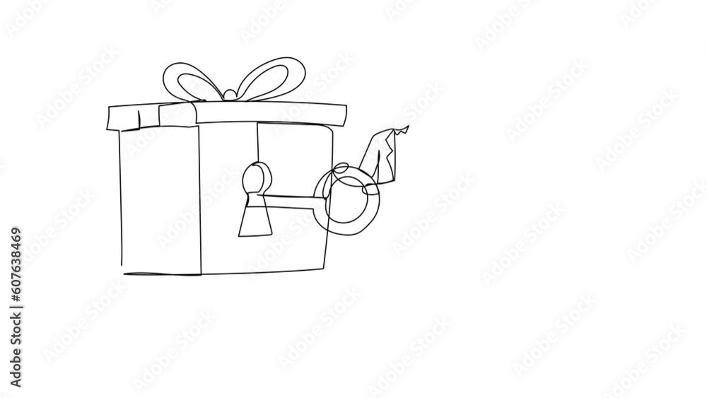 Poster animated self drawing of continuous line draw happy businessman putting big key into gift box with r
