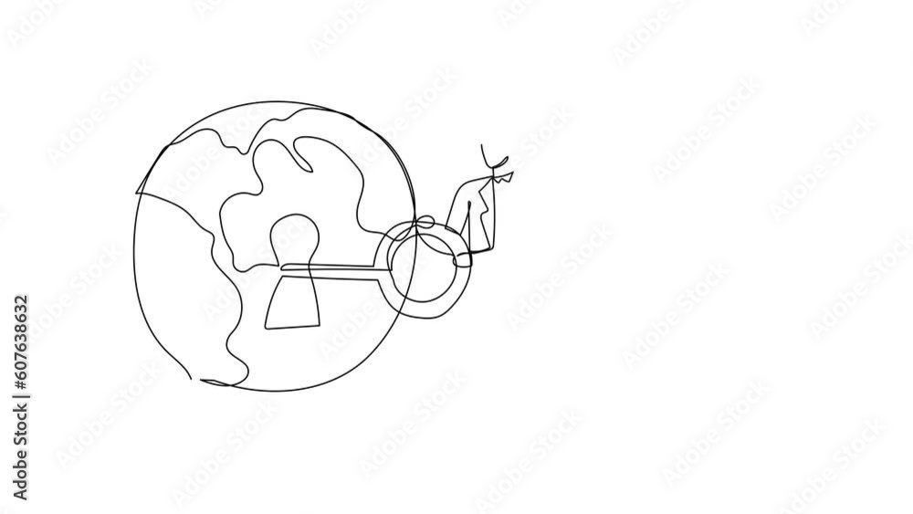 Poster animated self drawing of continuous line draw businessman putting big key into globe. world protecti