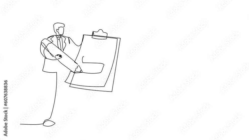 Aufkleber animated self drawing of continuous line draw businessman standing and holding clipboard with checkl