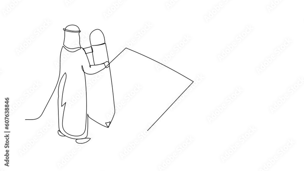 Poster self drawing animation of single one line draw arabian businessman writing survey form. office worke
