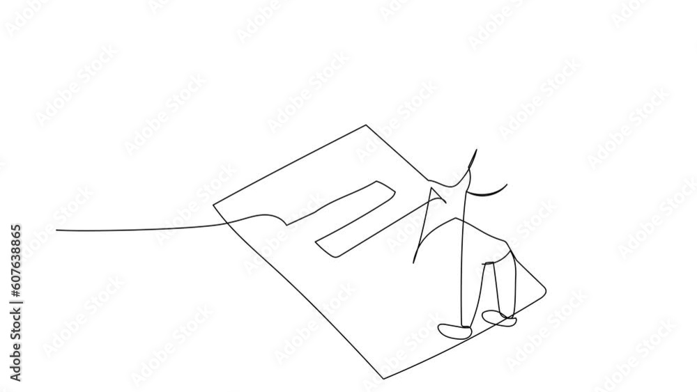 Poster animated self drawing of continuous one line draw businesswoman filled out questionnaire. worker wri