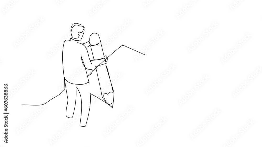 Poster animated self drawing of continuous line draw businessman filled out questionnaire. worker writes te