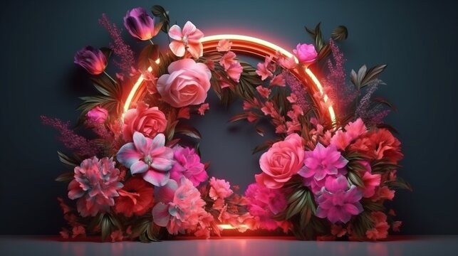Vintage flowers with pink neon frame. Generative ai