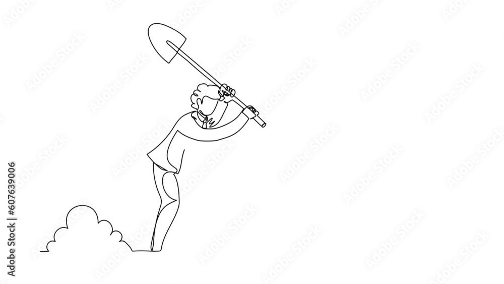 Poster self drawing animation of single line draw businessman digging in dirt using shovel. office worker d