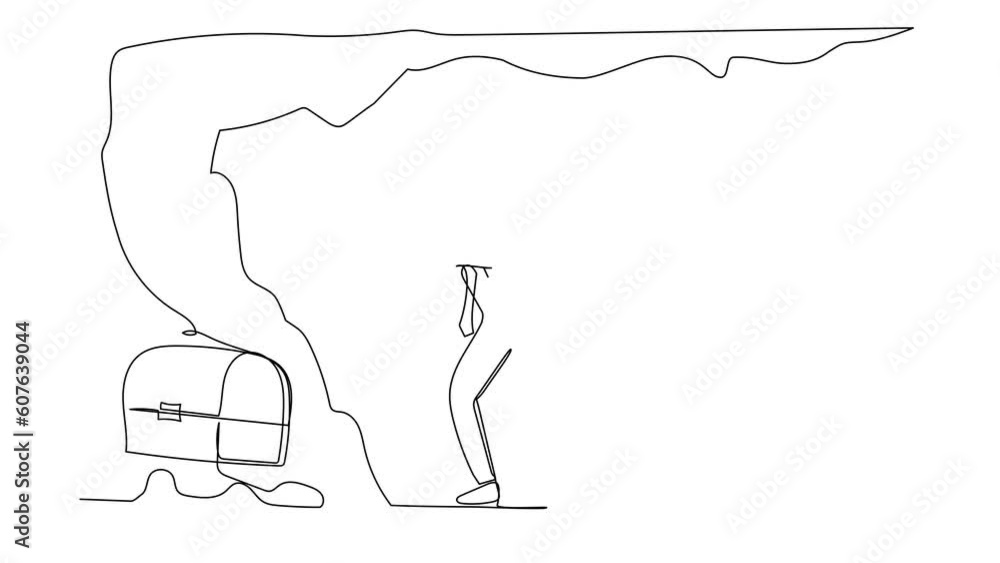 Poster animated self drawing of continuous line draw young businessman digging with pickaxe looking for tre