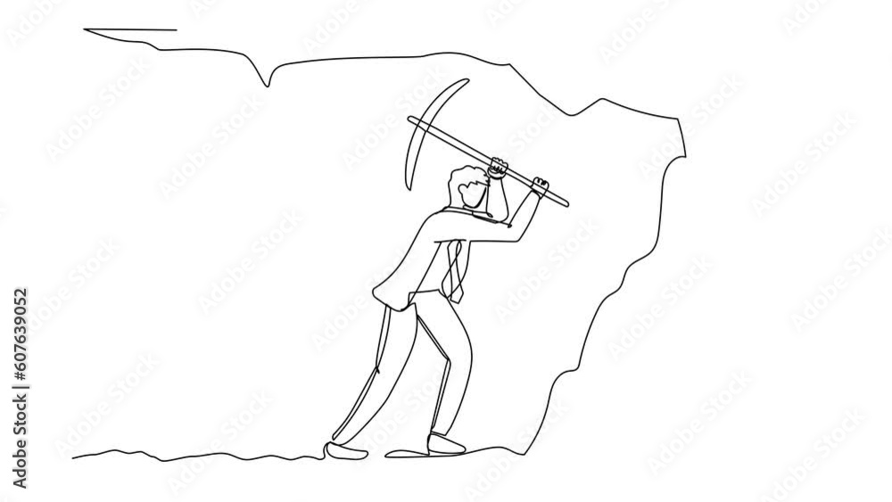 Poster self drawing animation of single line draw businessman digging with pickaxe to get diamond. worker d