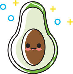 an avocado icon vector design with the added elements of smiling eyes and mouth. This vector design is a fruit themed with added eyes and mouth elements