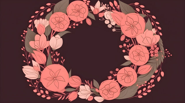 Illustration of flower with frame decoration as circle nature background with copy space in the center good for invitation, greetings, valentine, or love design element. Generative AI technology.