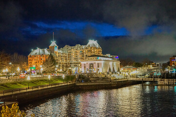 Fairmont hotel Victoria night view from inner harbour