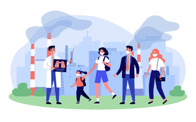 People in masks next to factory vector illustration. Doctor or scientist explaining how emissions harm lungs health to children and young people. Air pollution, health, poor ecology concept