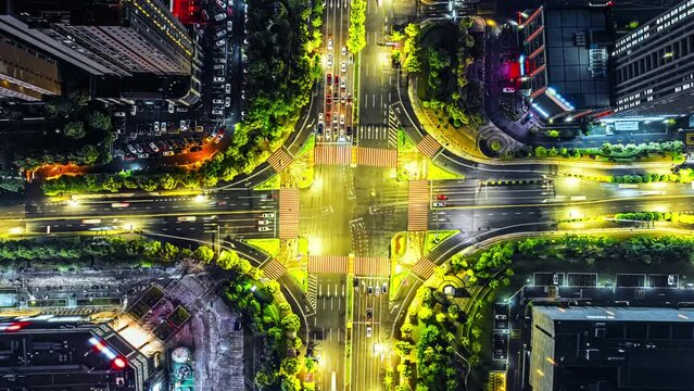 Aerial view of city road intersections at night. high Angle view.