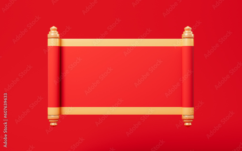 Poster red empty opening scroll on the red background, spring festival theme, 3d rendering.