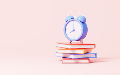 Cartoon alarm clock and books in the pink background, 3d rendering.