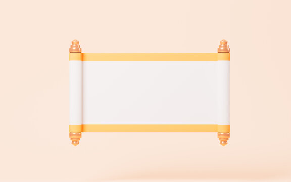 Empty opening scroll on the yellow background, 3d rendering.
