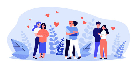 Happy heterosexual, gay and lesbian couples hugging. Different sexual and romantic preferences, heterosexual and homosexual persons vector illustration. Love, romance, relationship, LGBT concept