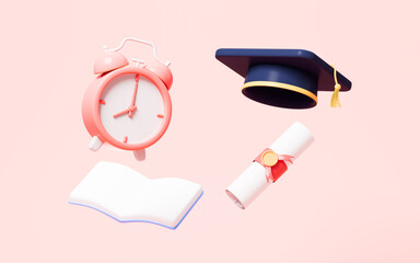 Graduate high school, college or university cap and scroll on the pink background, 3d rendering.