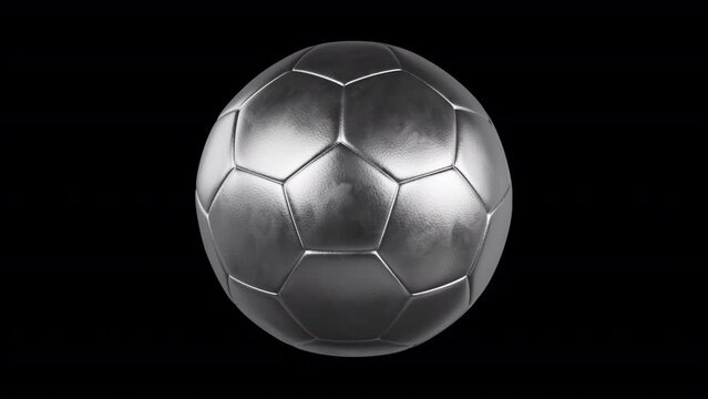 Silver 3D Soccer Ball with Leather Material Rotating on Transparent Background - Alpha Channel and Loop