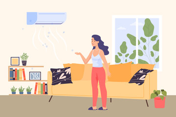 Happy woman and air conditioner blowing cold air in living room. Girl controlling temperature at home using air conditioning system vector illustration. Appliances, technology, climate concept