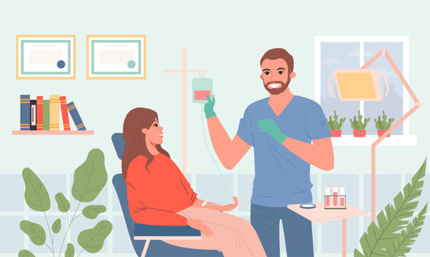 Patient or blood donor in medical chair vector illustration. Cartoon drawing of blood transfusion procedure, happy woman and doctor in hospital or clinic. Medicine, healthcare, blood donation concept