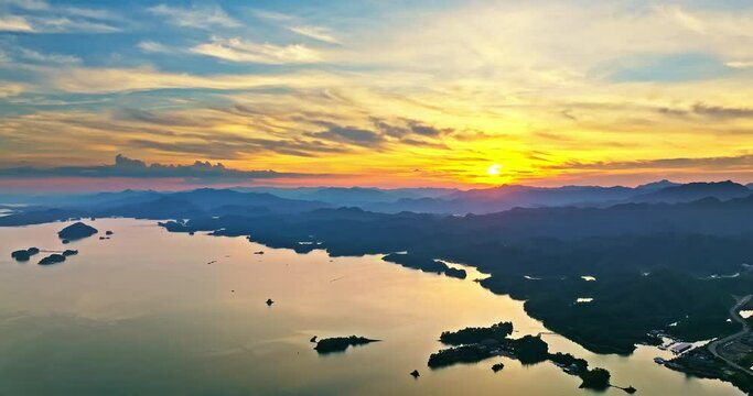 Aerial footage of Qiandao Lake natural Landscape in Chun'an at sunset, Hangzhou, Zhejiang Province, China. 