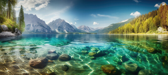 a screenshot of an image of water with mountains, generative AI