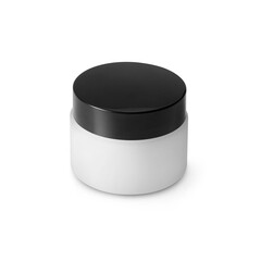 Round white matte plastic jar with black lid for cosmetics - body cream, butter, scrub, bath salt, gel, skin care, powder.