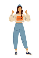 Modern stylish girl student shows thumb up gesture. Flat vector cartoon character isolated on white, ok sign, everything is fine, I like it. Female character, university youth culture.