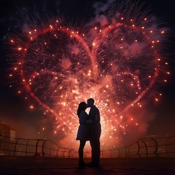 Um casal rom&acirc;ntico se beijando em frente a um cora&ccedil;&atilde;o gigante com fogos de artif&iacute;cio no fundo. Generative ai