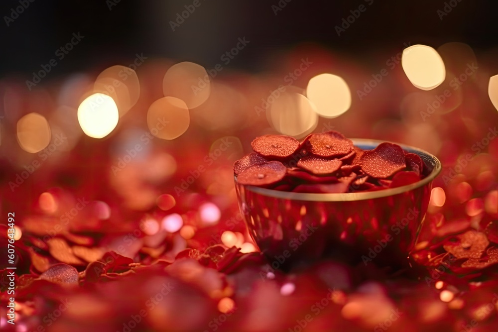 Poster shiny red bowl filled with glittering gold coins on a wooden table Generative AI