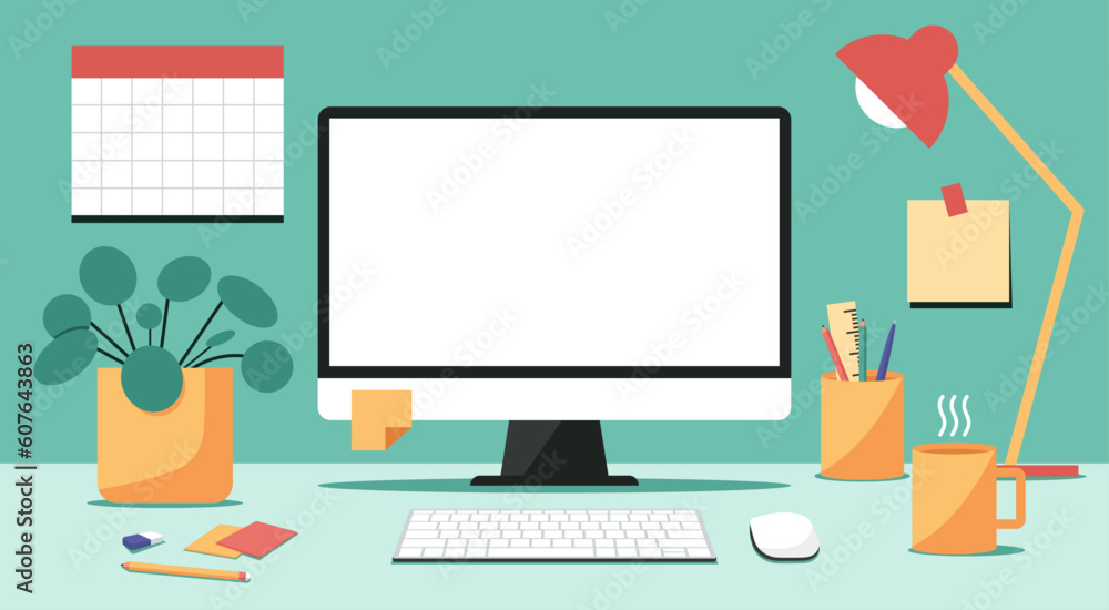 Wall mural home office workspace concept, blank screen desktop computer on table with keyboard, mouse, cup, pen