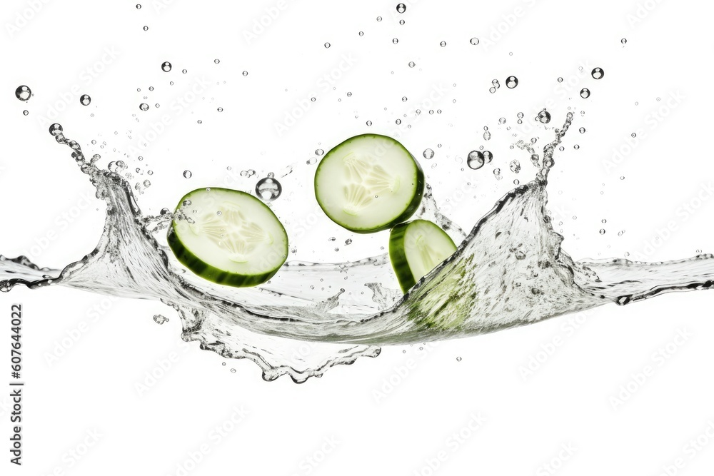 Poster cucumber slices splashing into water on a white background generative ai