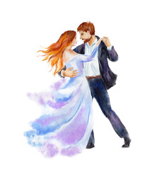 Dancing couple. Man and woman in tango action. Watercolor romantic illustration, wedding design, beautiful save date card