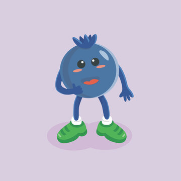 Cute flat cartoon blueberry vector illustration with smiling expression and wearing green shoes. Cute blueberry character. 