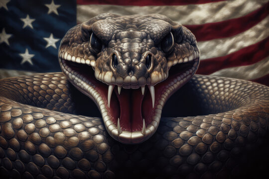 A venomous snake, its fangs exposed and ready to strike, is positioned in front of a fluttering American flag. 