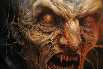 A close up of the grotesque face of a vampire, with deep wrinkles etched into the skin and bulging veins that seem ready to burst at any moment.