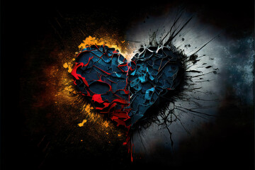 A distressed heart shape, with one half flaming and one half icy, depicting the thin line between love and hate.