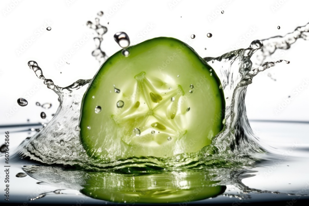 Poster fresh cucumber surrounded by splashing water droplets generative ai