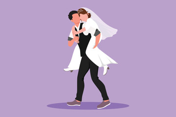 Graphic flat design drawing husband carry his wife on his back. Romantic couple with wedding dress. Relationship concept in supporting and helping in any situation. Cartoon style vector illustration
