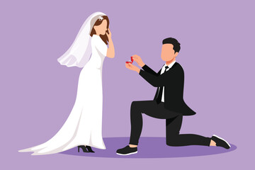 Cartoon flat style drawing man kneeling holding engagement ring proposing woman marry him marriage with wedding dress. Guy on knees proposing beauty girl to marry. Graphic design vector illustration